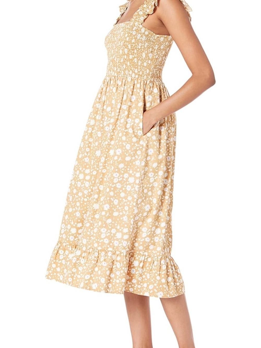 Smocked Floral Midi Dress in Mustard - Picture 2 of 7